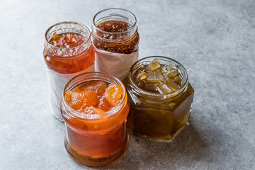 Various Jar of Fruit Jams Fig, Quince, Bergamot Citrus and Watermelon Peel Marmalade