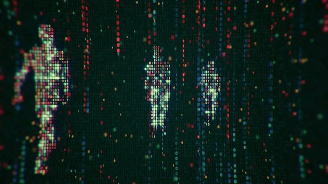 Abstract background with animation flickering binary digits and earth symbol walking human from binary digits. Animation of seamless loop. 