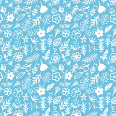 Seamless hand-drawn vector floral pattern blue background with white elements