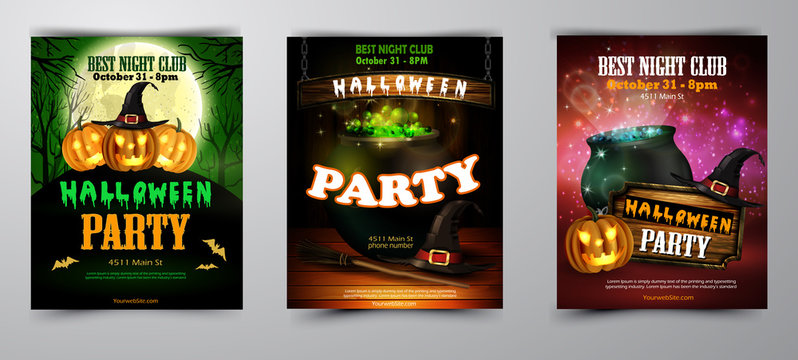 Halloween party invitation on wooden wall background