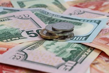 Money, ruble, dollars, koruna česk&aacute;. Holiday concept or business or travel concept. Selective focus, close-up, side view