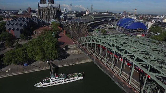Koeln Drone pan left Mainstation Koelner Dom