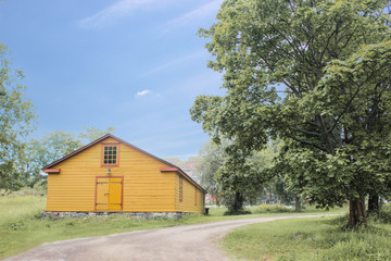 Obraz premium Yellow house in the country and freshly mown lawn and tree in a peaceful garden.