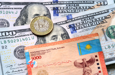 Kazakhstan Tenge And Dollars Banknotes Macro Background On Banking Category