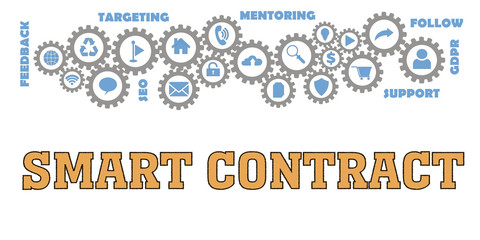SMART CONTRACT Panoramic Banner with Gears icons and tags, words. Hi tech concept. Modern style