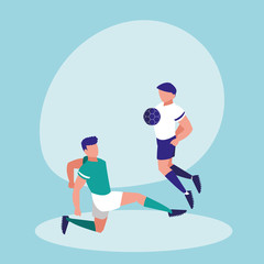 young men practicing football isolated icon