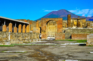 View of the roman ruins destroyed by the eruption of Mount Vesuvius centuries ago at Pompeii...