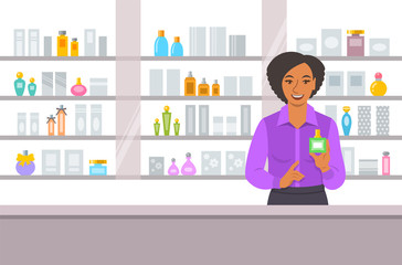 Cosmetics store black girl counter near shelves with perfumes and skin care products. Young woman seller offering bottle with new aroma at the perfume shop. Vector cartoon background