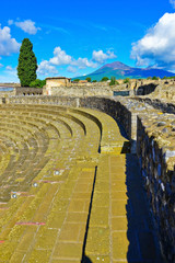 View of the roman amphitheater destroyed by the eruption of Mount Vesuvius centuries ago at Pompeii...