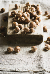 Crocus sieberi bulbs on linen background