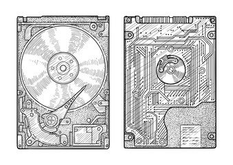 Hard disk illustration, drawing, engraving, ink, line art, vector