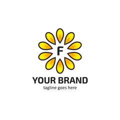 Fototapeta premium Yellow sunflower petals with letter F logo icon symbol vector
