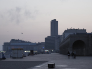 An out of focus image of the skyline of Ostend.