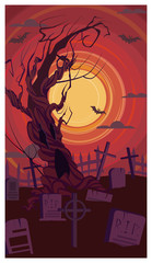 Naked old tree growing on graveyard vector illustration. Tombstones and crosses on cemetery against red sunset. Mystery concept