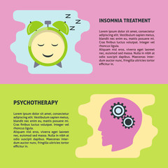 Fototapeta premium Psychotherapy and insomnia treatment flyer templates in flat style.
