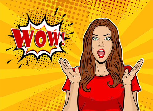 Wow pop art face. Sexy surprised young  woman with open mouth and Wow speech bubble.  Vector colorful background in pop art retro comic style.
