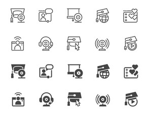 Set of icons in line and glyph designs. Symbol of e-learning, online education and modern technology. Label for universities, schools, academies and other sites and apps. Outline and black flat labels