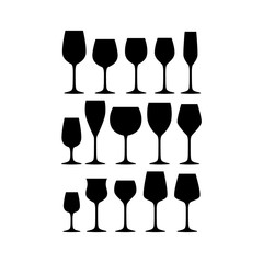 Various red, white and sparkling wine glasses silhouette vector set. Black isolated wineglass collection.