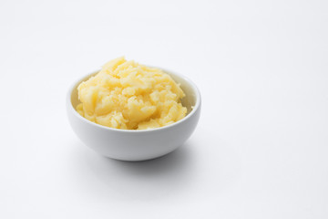 close up view of nice fresh yummy mashed potato on white back