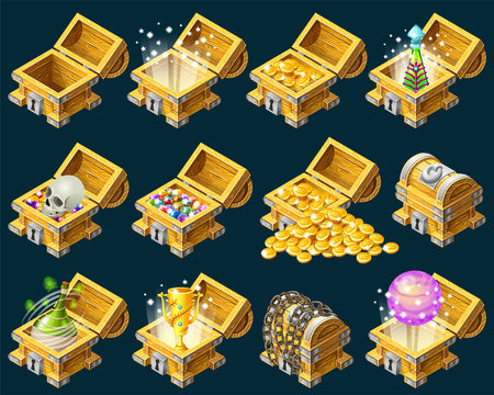 Set cartoon wooden isometric chests decorated silver with golden trophies, elixirs, potions, skull, money, coins and gems for computer game. Vector illustration on dark background.