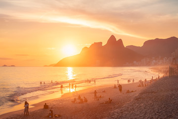 Ipanema Beach and Two Brothers (Dois Irmaos) Mountain at sunset - Rio de Janeiro, Brazil