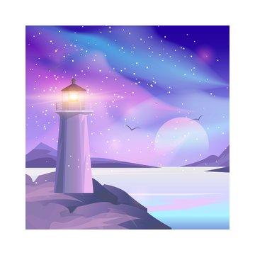 Vector illustration of Lighthouse in night sea. Lighthouse by the sea with mountains, aurora and starry night sky. Night landscape.