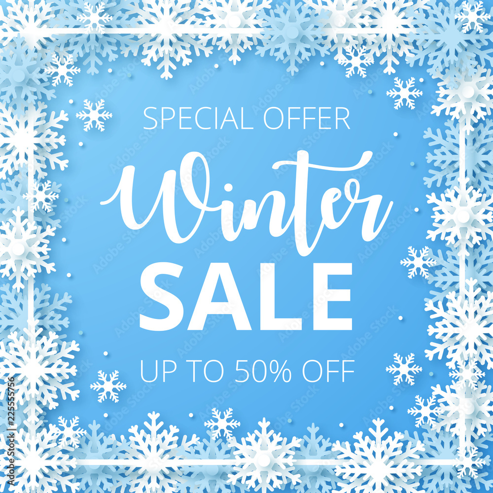 Wall mural Winter sale banner. Origami snowfall. Vector Illustration.