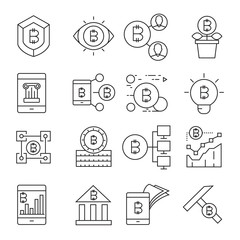 cryptocurrency, bitcoin and blockchain technology icons