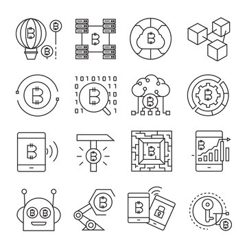 cryptocurrency, bitcoin and blockchain technology icons