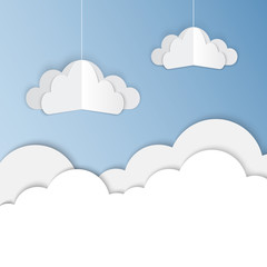 Blue Sky with Clouds. Cartoon Paper Background. Bright Illustration for Design.