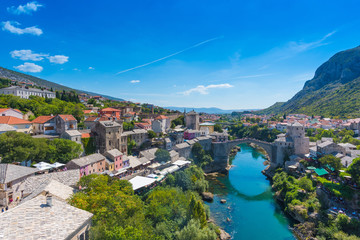 Fototapeta na wymiar beautiful view of the old city and the historic bridge in Mostar, Bosnia and Herzegovina