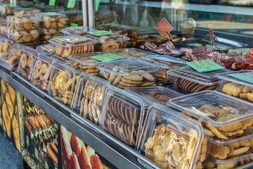 Variety of sweets and desserts in a shop