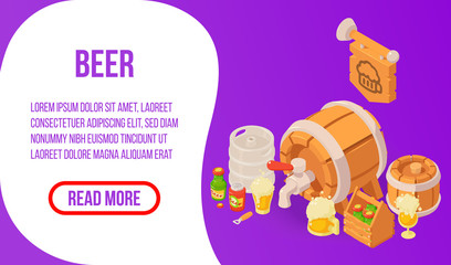 Beer concept banner. Isometric banner of beer vector concept for web, giftcard and postcard