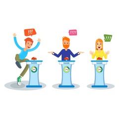 Young cheerful emotional people participate in entertainment quiz. TV show or game in which participants or team respond to questions and guess riddles. Flat vector concept on white background.