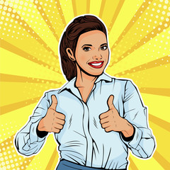 Like successful female businesswoman showing thumb up. Like gesture. Vector illustration in pop art retro comic style