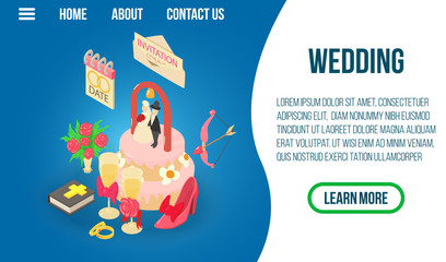 Fototapeta premium Wedding concept banner. Isometric banner of wedding vector concept for web, giftcard and postcard