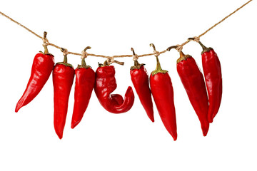 closeup of red chili peppers hanging  on a rope isolated on white background - Powered by Adobe