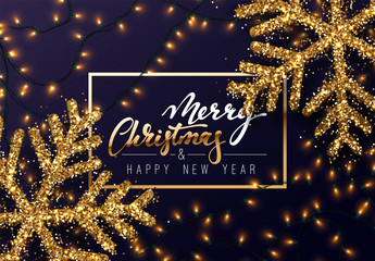 Shining Christmas background with gold snowflakes and light garlands golden color. Merry Christmas greeting card, banner, web poster. Vector Illustration.