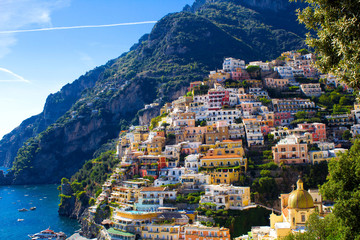 Panoramic view of the city and sea on the sunny day.Positano.Italy.