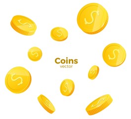 3d realistic gold coins set on white in different positions .Money isolated on white. Vector illustration.