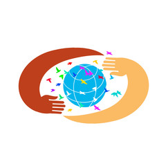 Hands support the globe surrounded by colorful birds. Symbol of peace.