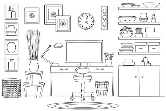 Sketch of home office room interior, Black and white