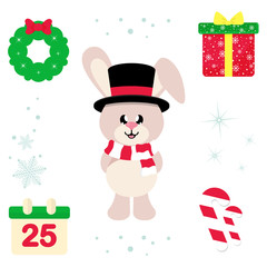 cartoon christmas bunny with scarf and hat and christmas illustration vector