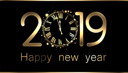 Black 2019 new year background with clock.