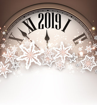 Brown 2019 New Year background with clock. Greeting card.
