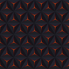 Abstraktes dunkles nahtloses Muster. Vektorgeometrischer Hintergrund mit Sechsecken. Rote und orange Farbe