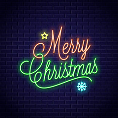 Christmas neon lettering with merry xmas vintage sign on brick wall background