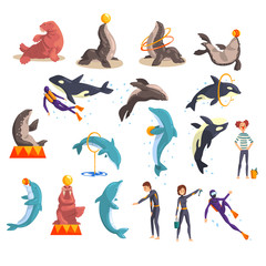 Oceanarium or dolphinarium set, sea animals and trainers performing in public in dolphinarium vector Illustration on a white background