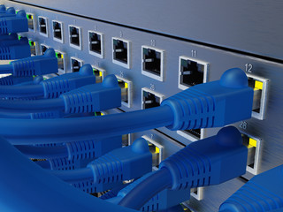 Netzwerk Server Hub, Kabel und Verbindungen, 3D Rendering - obrazy, fototapety, plakaty