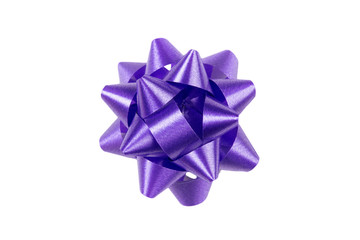 Purple gift wrap bow top view on white background